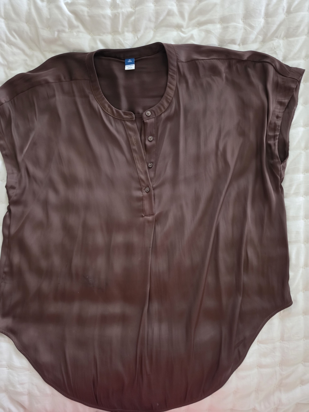 Old Navy Brown Satin Cap-Sleeve Henley Blouse